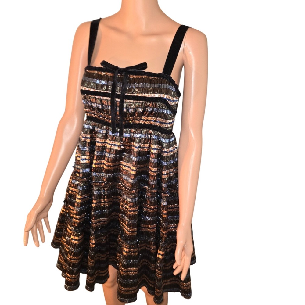 Hunter Bell‎ Metallic Stripe Mini Dress Velvet Trim Straps Evening Party Small